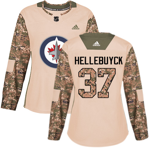 Adidas Jets #37 Connor Hellebuyck Camo Authentic Veterans Day Women's Stitched NHL Jersey